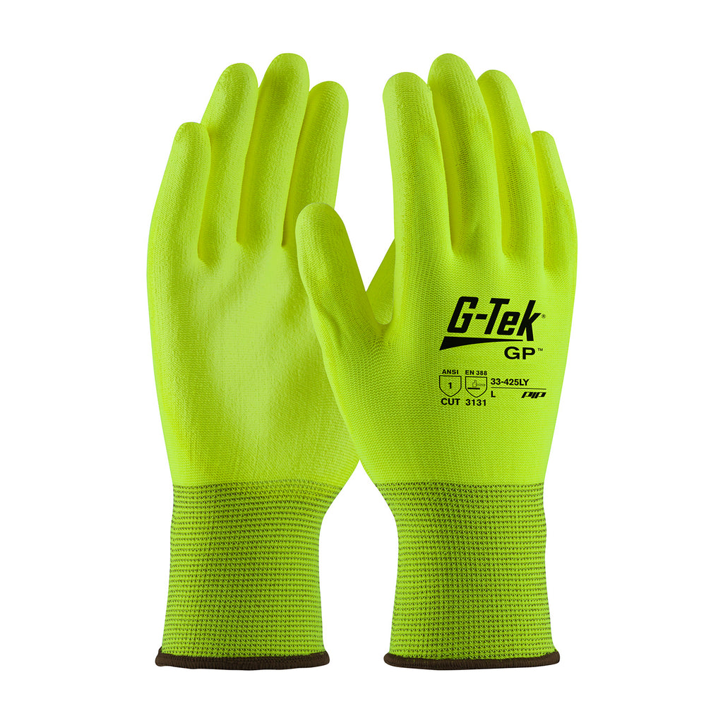 G-Tek 33-425LY Hi-Vis Seamless Knit Polyester with Polyurethane Coated Flat Grip on Palm and Fingers Safety Glove(One Dozen)