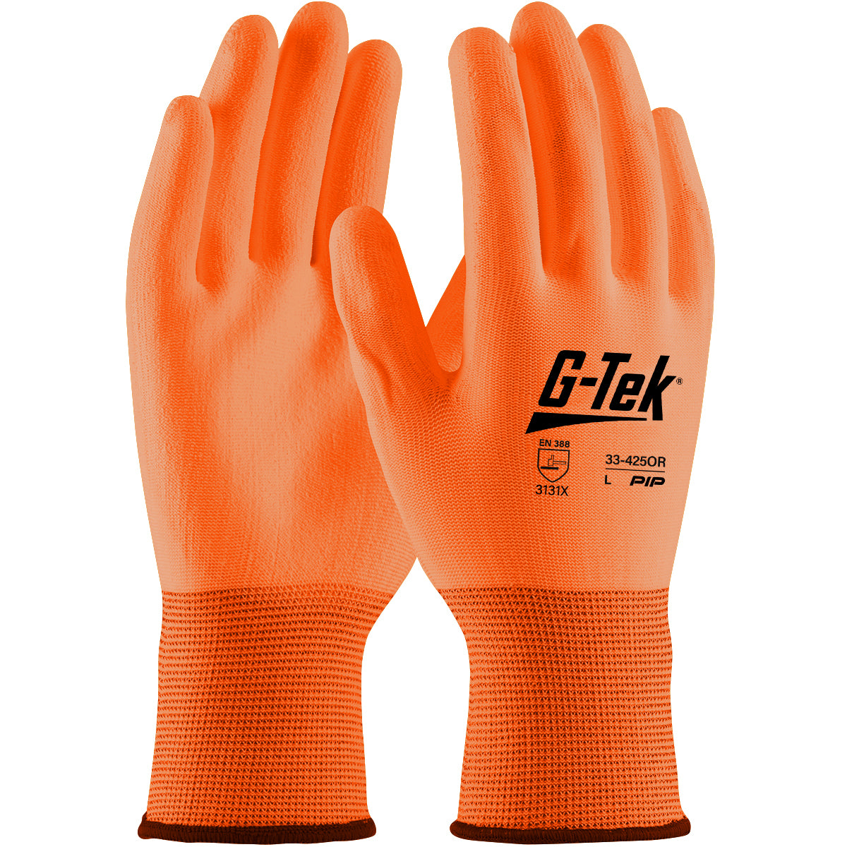 G-Tek 33-425OR Hi-Vis Seamless Knit Polyester with Polyurethane Coated Flat Grip on Palm and Fingers Safety Glove(One Dozen)