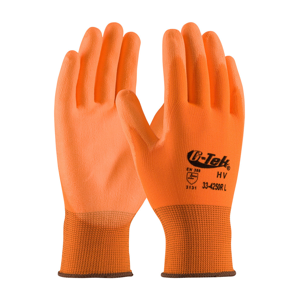 G-Tek 33-425OR Hi-Vis Seamless Knit Polyester with Polyurethane Coated Flat Grip on Palm and Fingers Safety Glove(One Dozen)
