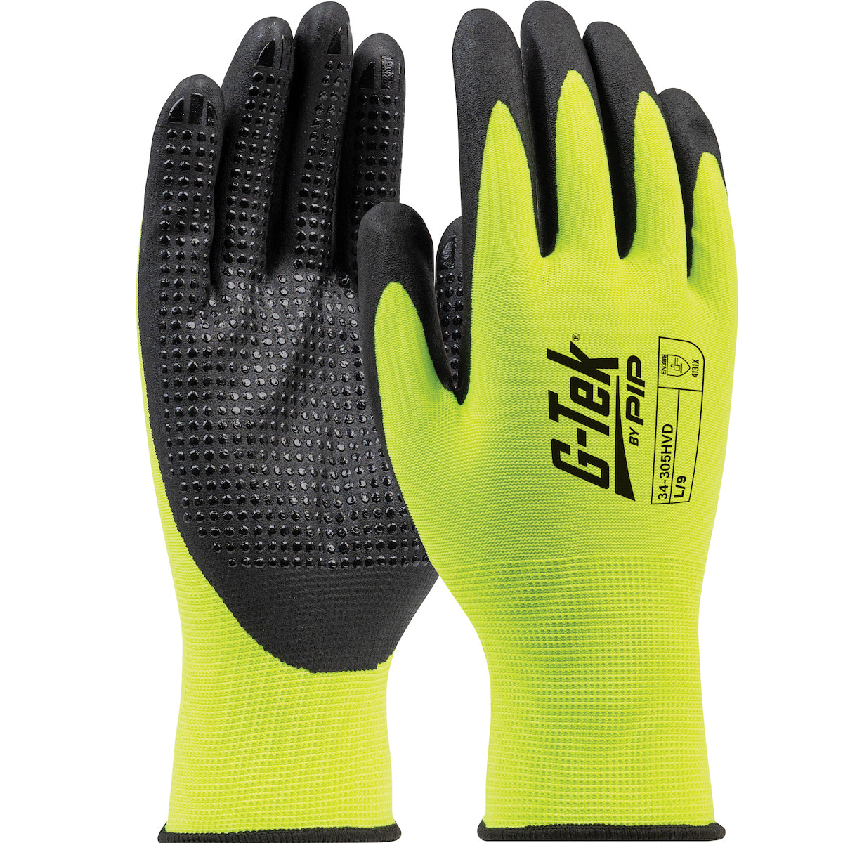 G-Tek 34-305HVD Seamless Knit Hi-Vis Polyester Glove with Nitrile Coated Foam Grip on Palm & Fingers
