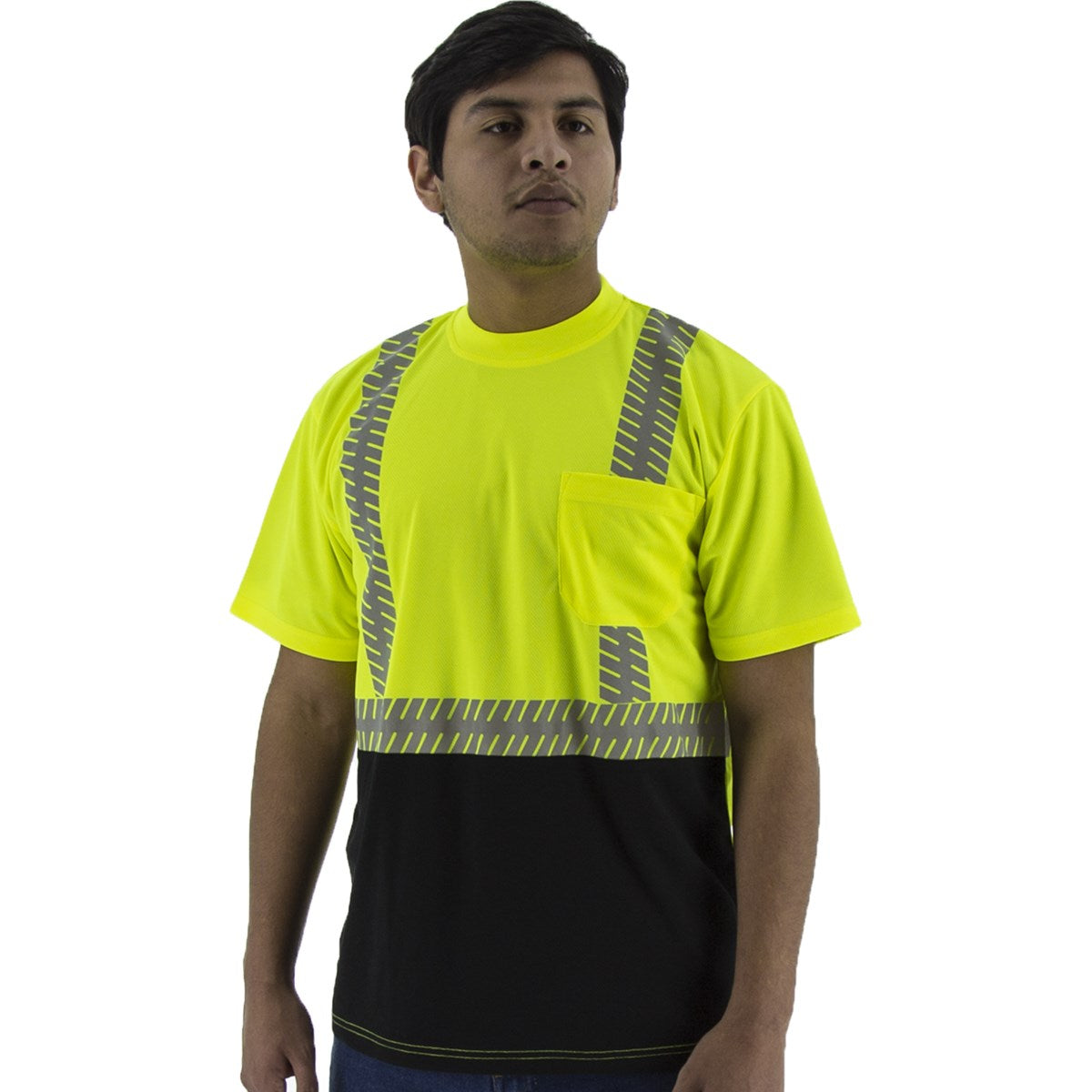Majestic 75-5215 High Visibility Short Sleeve Shirt with Reflective Chainsaw Striping, ANSI 2, R — Birdseye Yellow Mesh T-Shirt