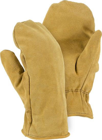 A pair of winter lined tan suede mittens crafted from cowhide,