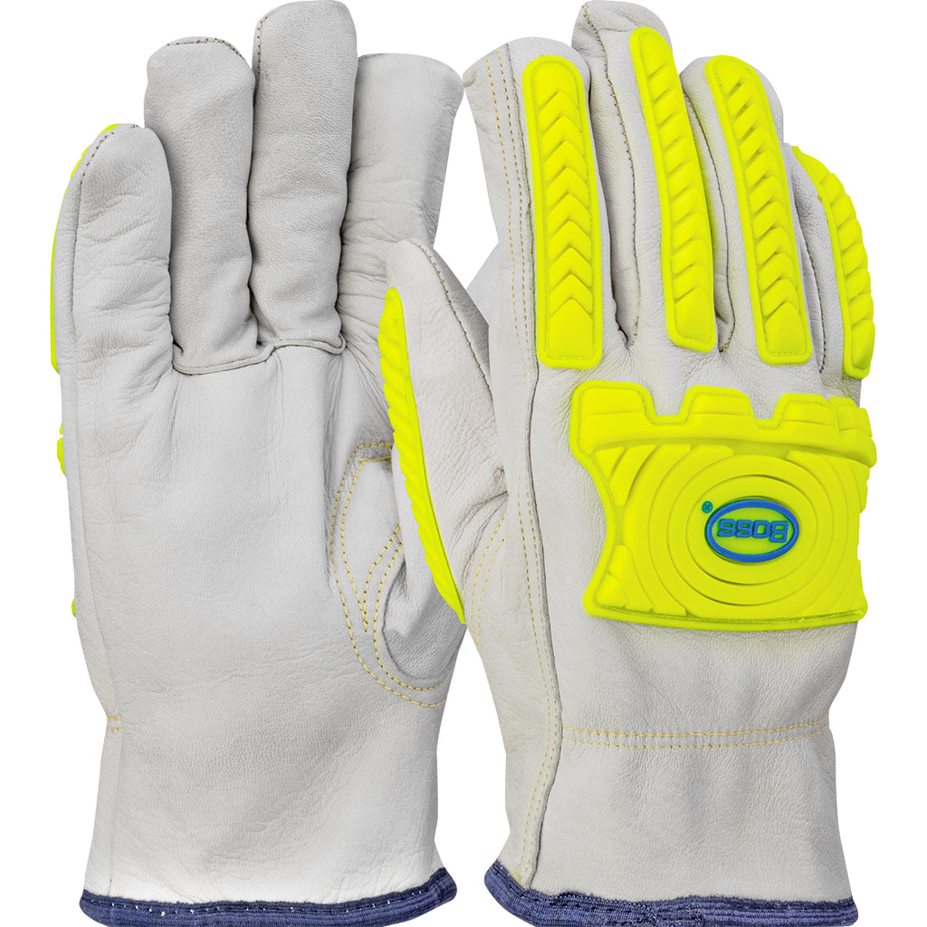 Boss 09-LC571MP Economy Top Grain Goatskin Hi-Vis Impact Protection Leather Drivers Glove (One Dozen)