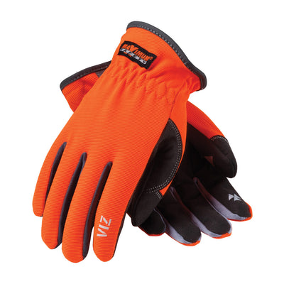 PIP 120-4600 Maximum Safety Viz with Synthetic Leather Palm and Fabric Back PVC Grip on Index Finger/Thumb Workman's Glove (One Dozen)