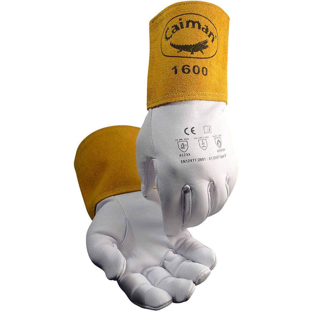 Caiman 1600 Premium Goat Grain TIG Unlined Welder's Glove with a 4" Gold Extended Cuff (1 Pair)