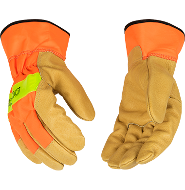 Kinco 1918 Hi-vis Nylon Fabric Back Safety Cuff Grain Pigskin Palm Gloves (One Dozen)