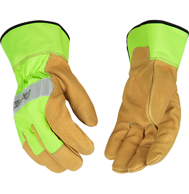 Kinco 1919 Hi-Vis Nylon Fabric Back and Safety Cuff Grain Pigskin Palm Gloves (One Dozen)