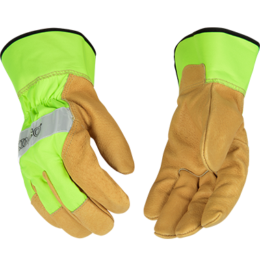 Kinco 1919 Hi-vis Nylon Fabric Back and Safety Cuff Grain Pigskin Palm Gloves (One Dozen)
