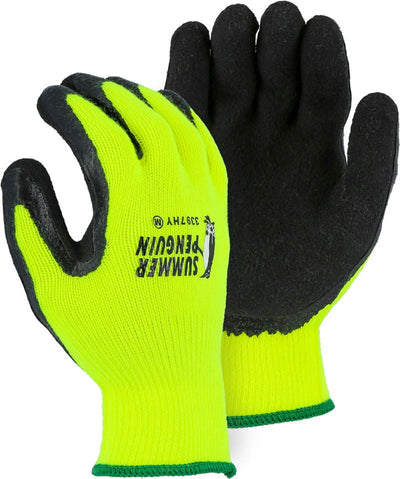 a pair of high visibility latex palm work gloves from Majestic Gloves brand