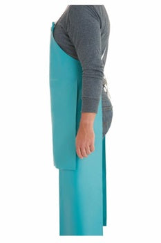 a food processing worker standing sideways wearing a teal PVC apron from Ansell brand