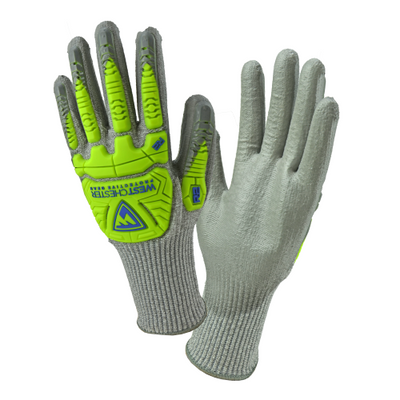 West Chester 710HGUBHVG Gray PU Palm Coated Speckle Gray HPPE With Gray BOH & HI VIS GREEN FINGER TPR Protection Gloves (One Dozen)