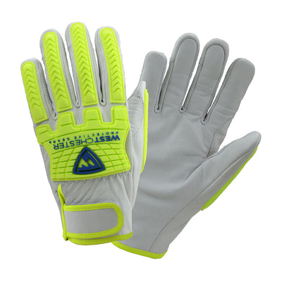 a pair of hi-vis leather gloves with Kevlar blend lining a pair of hi-vis leather gloves with Kevlar blend lining