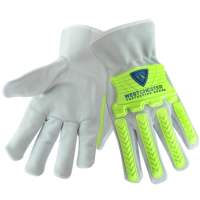 West Chester 997KB Top Grain Leather Drivers Glove with Split Cowhide Back, Keystone Thumb and Hi-Vis Impact Gloves (One Dozen)
