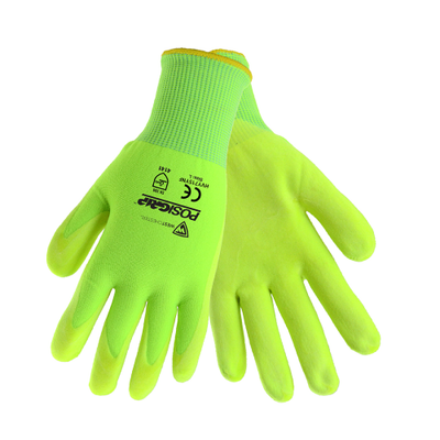 a pair of neon green nitrile coated work gloves