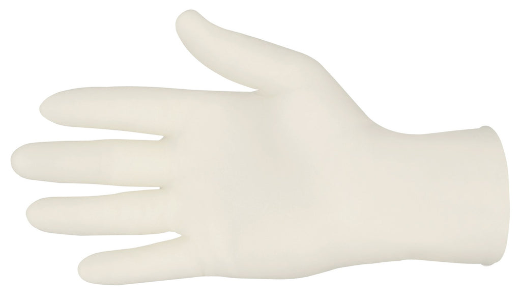 a white colored powder free latex disposable gloves