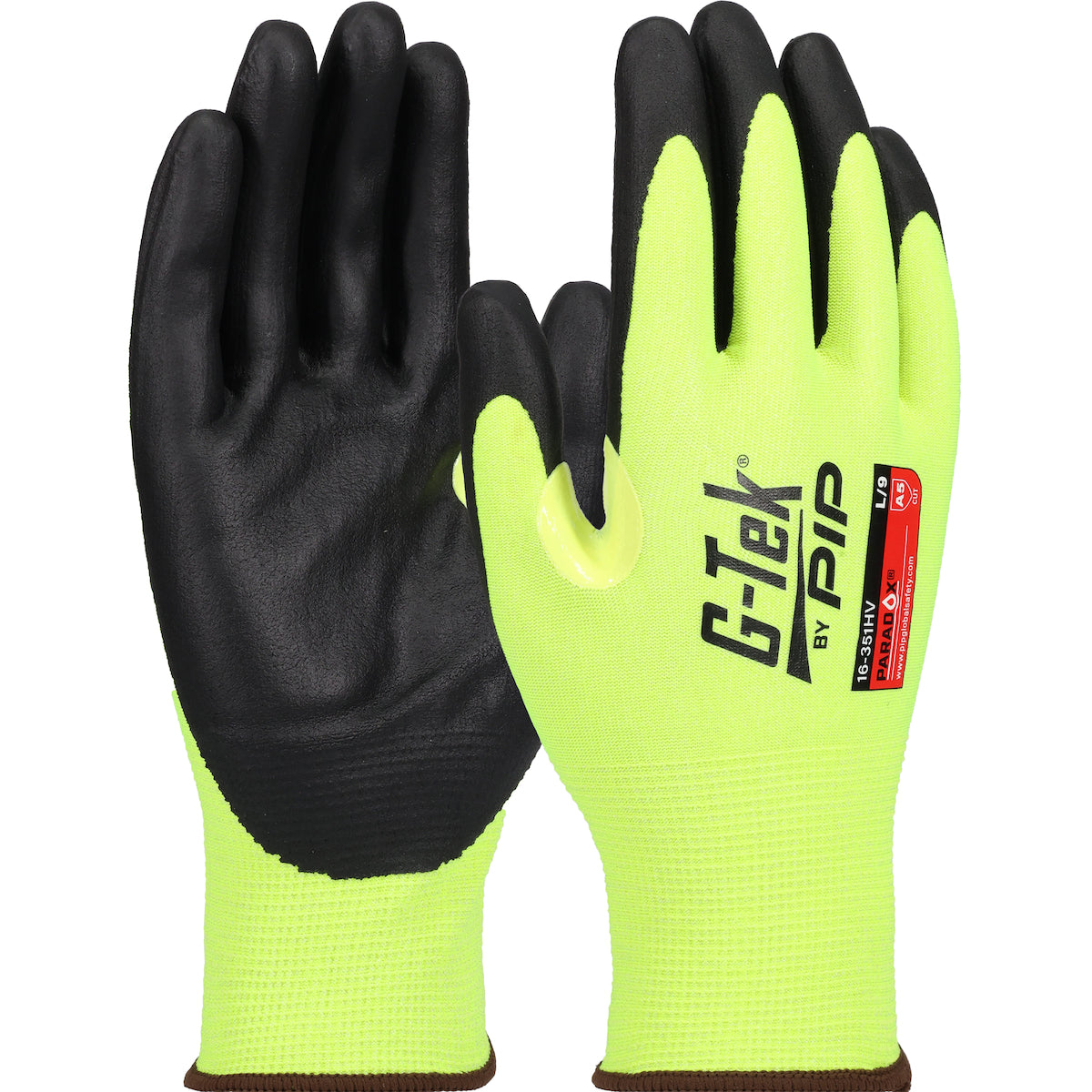 G-Tek 16-351HV Hi-Vis Seamless Knit PolyKor® Blended Glove with Foam Nitrile Coated Grip on Palm & F