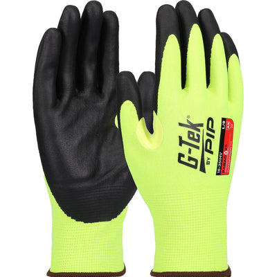 G-Tek 16-351HV Hi-Vis Seamless Knit PolyKor® Blended Glove with Foam Nitrile Coated Grip on Palm & F