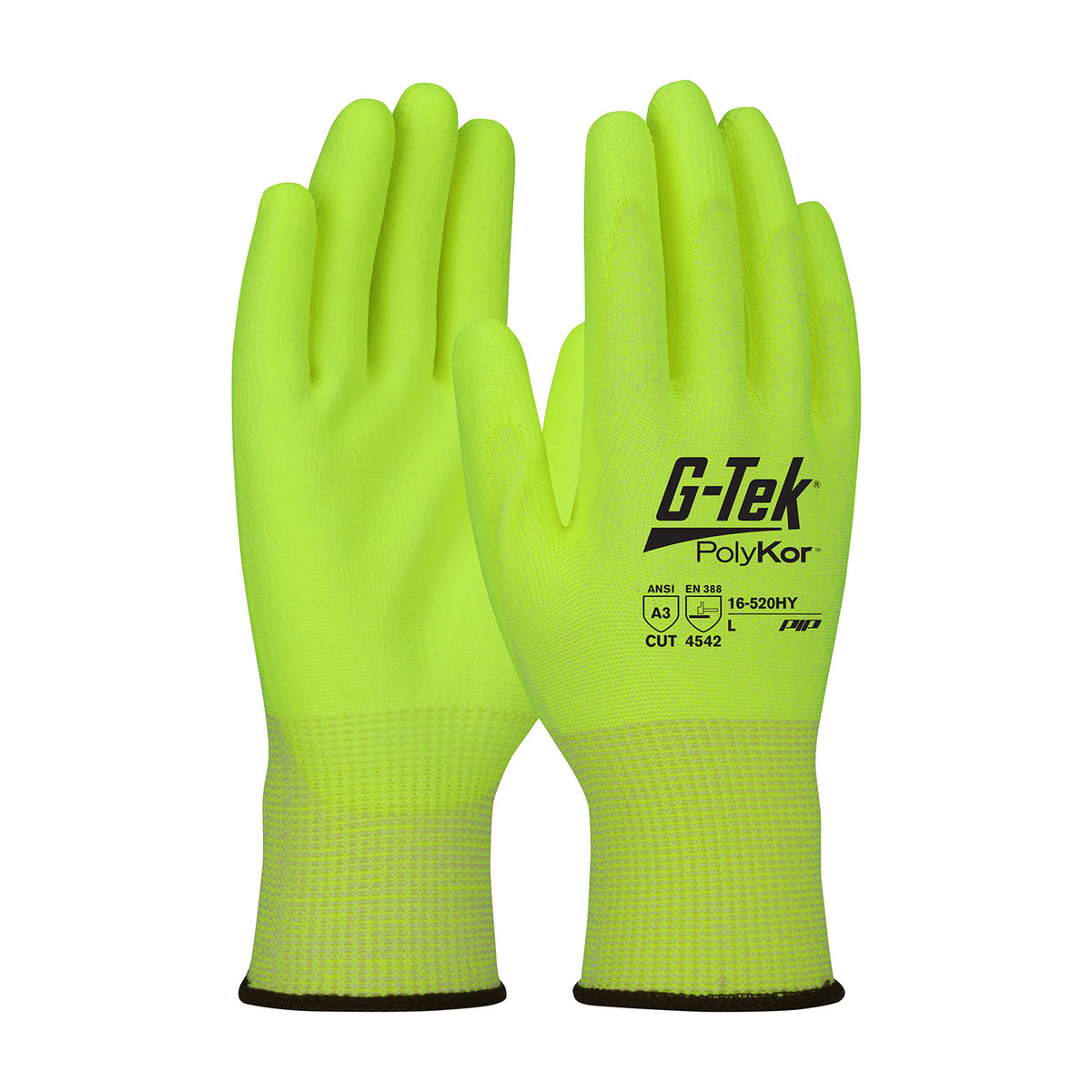G-Tek PolyKor 16-520HY Hi-Vis Seamless Knit Polyurethane Coated Flat Grip Safety Glove (One Dozen)