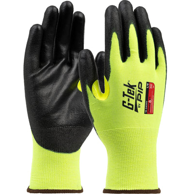 G-Tek 16-541HV Hi-Vis Seamless Knit PolyKor® Blended Glove with Polyurethane Coated Flat Grip on Pal