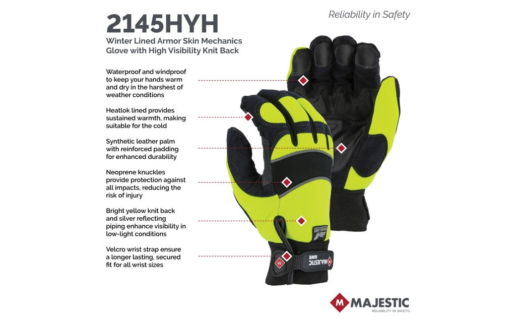 Majestic 2145HYH Winter Lined Armor Skin Mechanics Glove with High Visibility Knit Back (One Dozen)