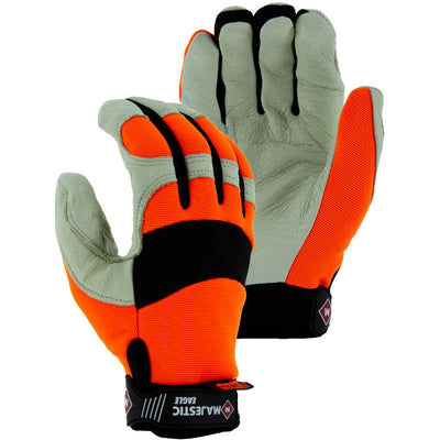 Majestic 2152HV Bald Eagle Mechanics Glove with Pigskin Palm and High Vis Stretch Knit Back (One Dozen)