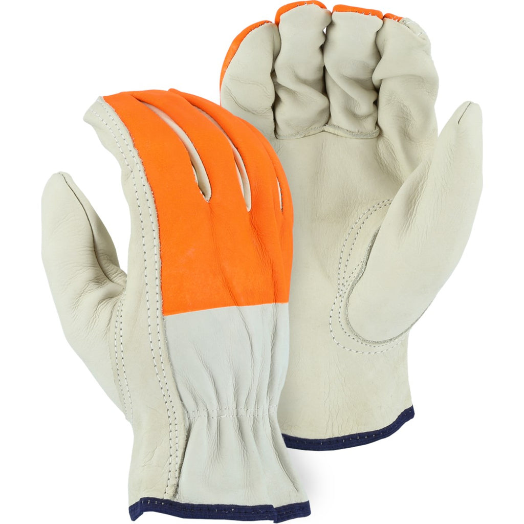 Majestic 2510HOS Cowhide, High Vis Orange Cloth Fingers, Drivers Glove (One Dozen)