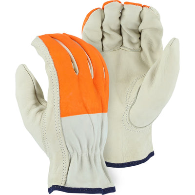 Majestic 2510HOS Cowhide, High Vis Orange Cloth Fingers, Drivers Glove (One Dozen)