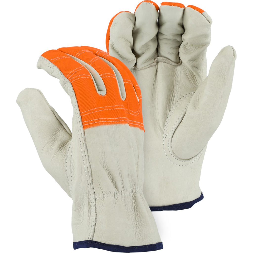 Majestic 2510HVO Cowhide, High Vis Orange Cloth Fingers, Drivers Glove (One Dozen)