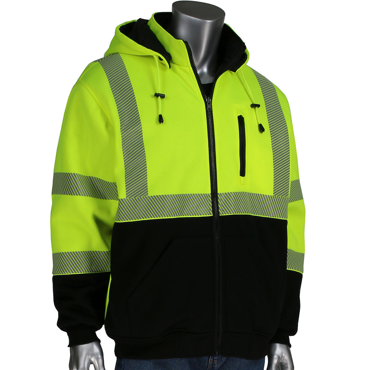 PIP 323-1400S ANSI Type R Class 3 Reversible Full Zip Hooded Sweatshirt with Black Bottom