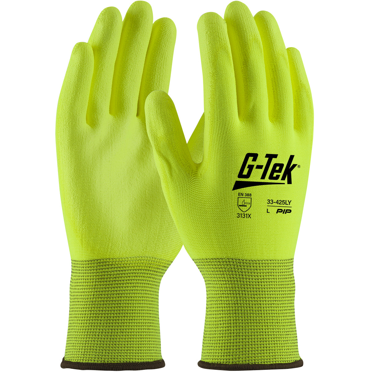 G-Tek 33-425LY Hi-Vis Seamless Knit Polyester with Polyurethane Coated Flat Grip on Palm and Fingers Safety Glove(One Dozen)