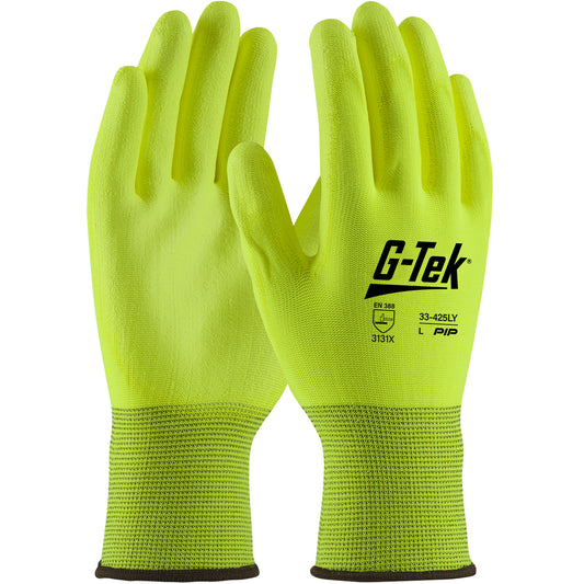 G-Tek 33-425LY Hi-Vis Seamless Knit Polyester with Polyurethane Coated Flat Grip on Palm and Fingers Safety Glove(One Dozen)
