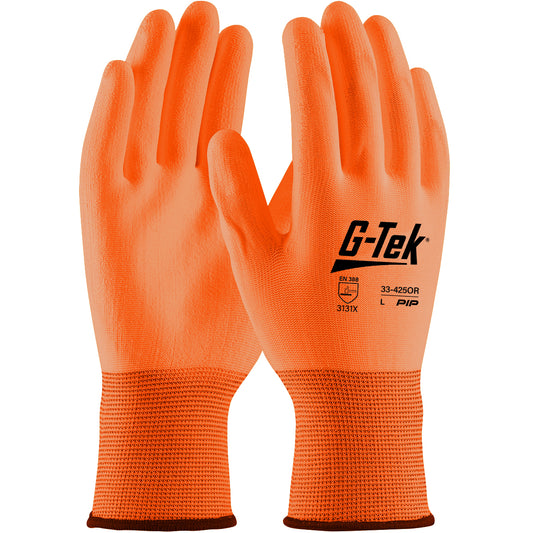G-Tek 33-425OR Hi-Vis Seamless Knit Polyester with Polyurethane Coated Flat Grip on Palm and Fingers Safety Glove(One Dozen)