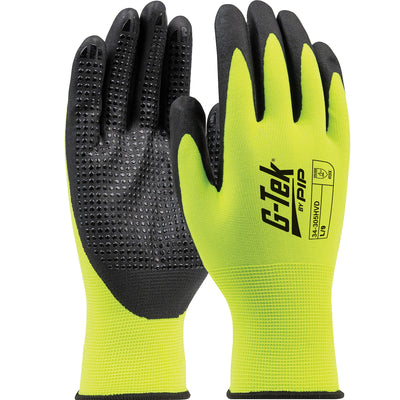 G-Tek 34-305HVD Seamless Knit Hi-Vis Polyester Glove with Nitrile Coated Foam Grip on Palm & Fingers
