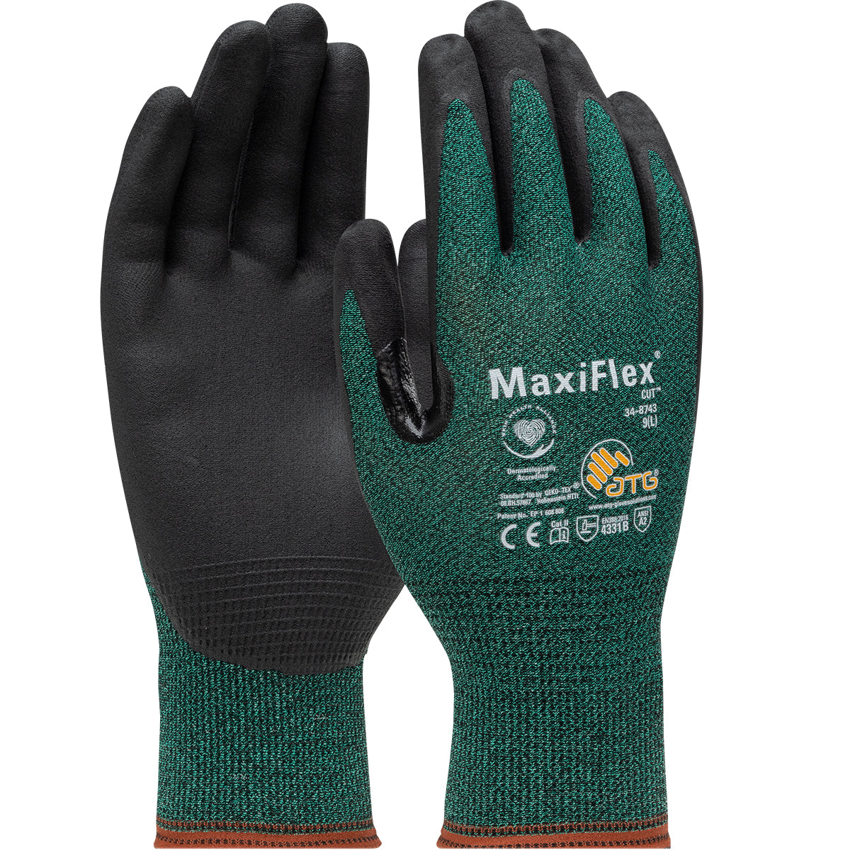 a pair of dark green, nitrile coated, and touchscreen compatible work gloves
