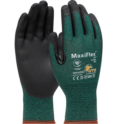 a pair of dark green, nitrile coated, and touchscreen compatible work gloves