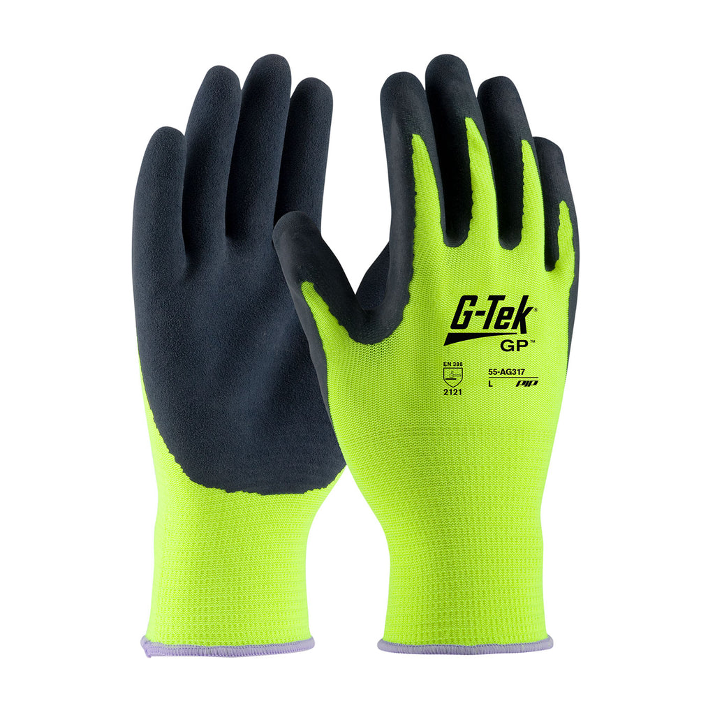 PIP 55-AG317 G-Tek Hi-Vis Seamless Knit Polyester with Latex Coated MicroSurface Grip Safety Glove (One Dozen)