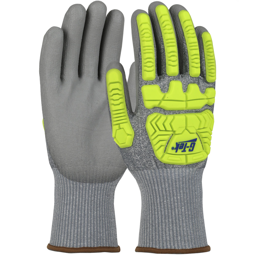 West Chester 710HGUBHVG Gray PU Palm Coated Speckle Gray HPPE With Gray BOH & HI VIS GREEN FINGER TPR Protection Gloves (One Dozen)