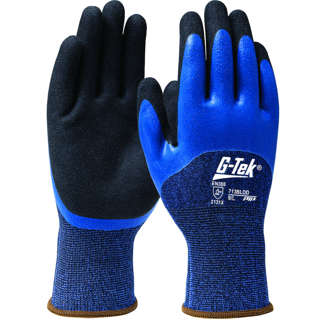 West Chester 713BLDD Work Gloves Blue Polyester Shell W/ 3/4 Blue Flat Latex and Second Coating w/ Foam Sandy Latex Gloves (One Dozen)