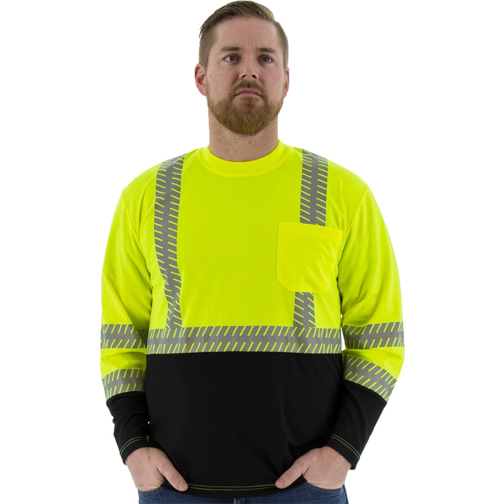 Majestic 75-5257 High visibility long sleeve shirt with reflective chainsaw Striping, ANSI 2, R — Birdseye Yellow Mesh Long