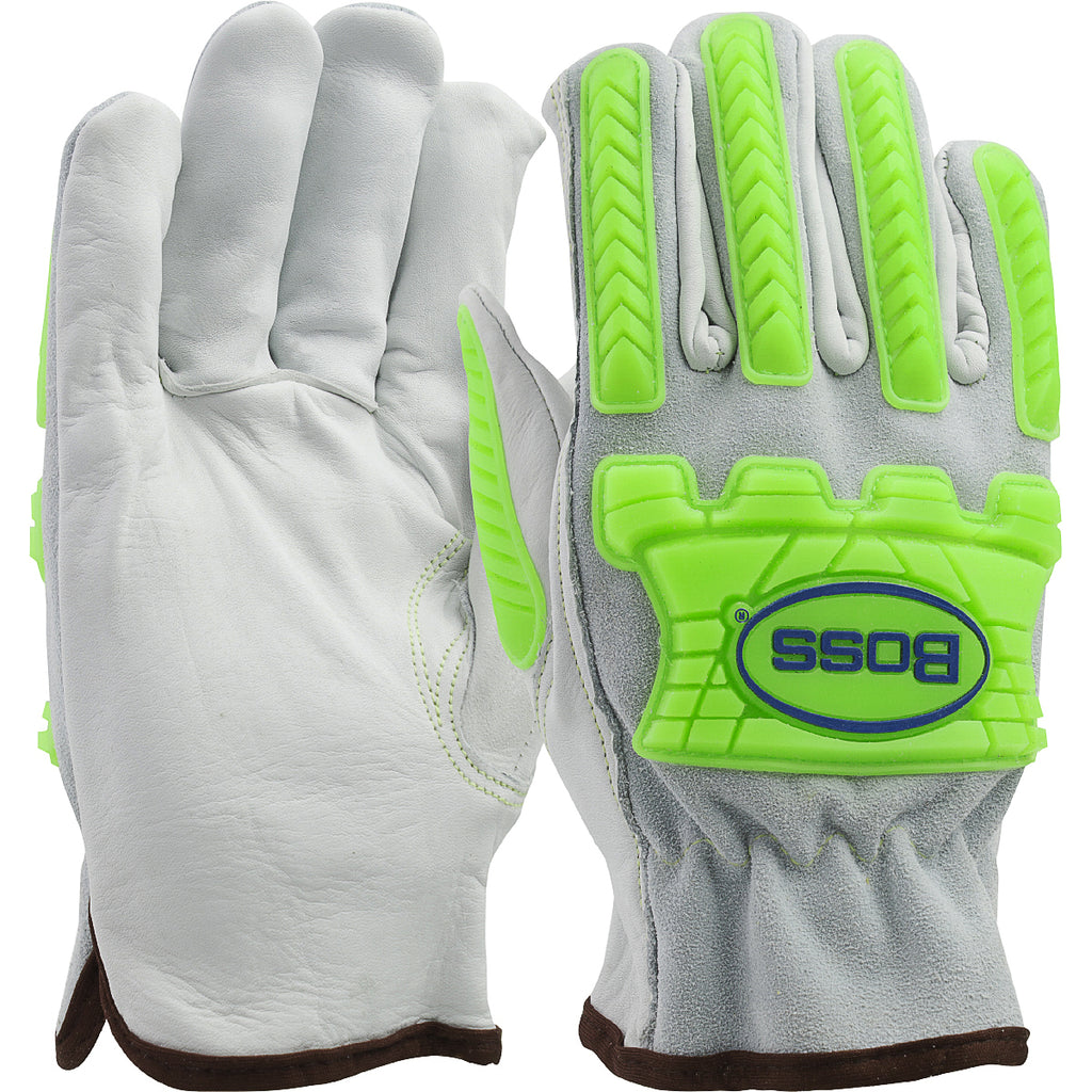 West Chester 997KB Top Grain Leather Drivers Glove with Split Cowhide Back, Keystone Thumb and Hi-Vis Impact Gloves (One Dozen)