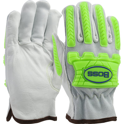 West Chester 997KB Top Grain Leather Drivers Glove with Split Cowhide Back, Keystone Thumb and Hi-Vis Impact Gloves (One Dozen)