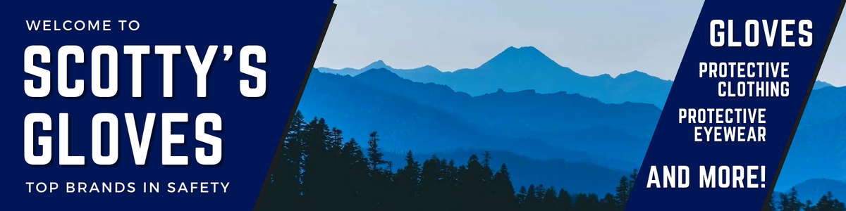 Scotty's Gloves welcome banner featuring a background image of a blue mountain forest