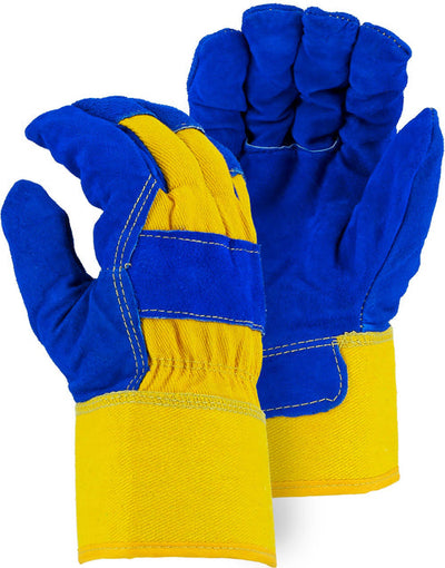 Majestic 1600 Winter Lined Cowhide Leather Palm Glove, Blue/Gold (One Dozen)