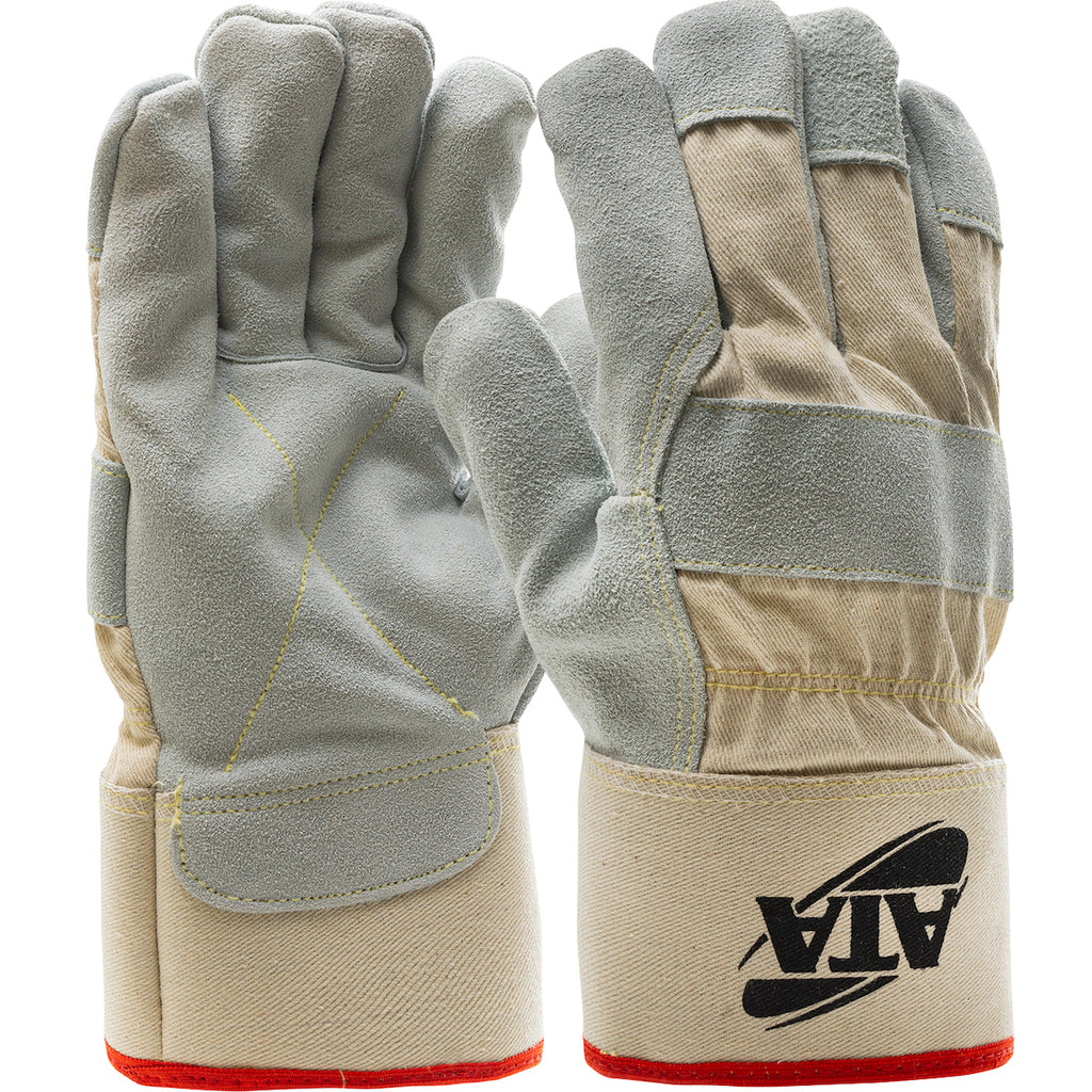 PIP MJVATA Split Cowhide Leather Palm Glove with Canvas Back and ATA Technology Lining Safety Cuff (One Dozen)