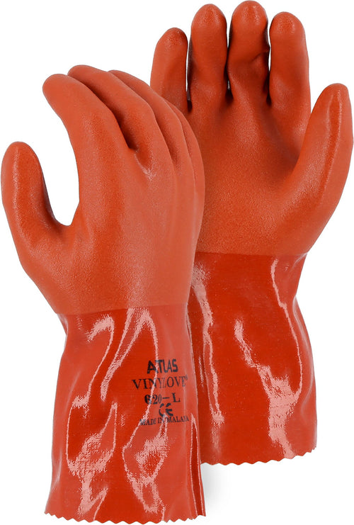 Majestic 3702A Atlas Double Dipped 12” PVC Glove with Interlock Liner Brown (One Dozen)