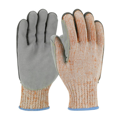 PIP 09-H550SLPV Scrap King Seamless Knit PolyKor Blended Glove with Split Cowhide Leather Palm and Aramid Stitching - Vend-Ready (One Dozen)