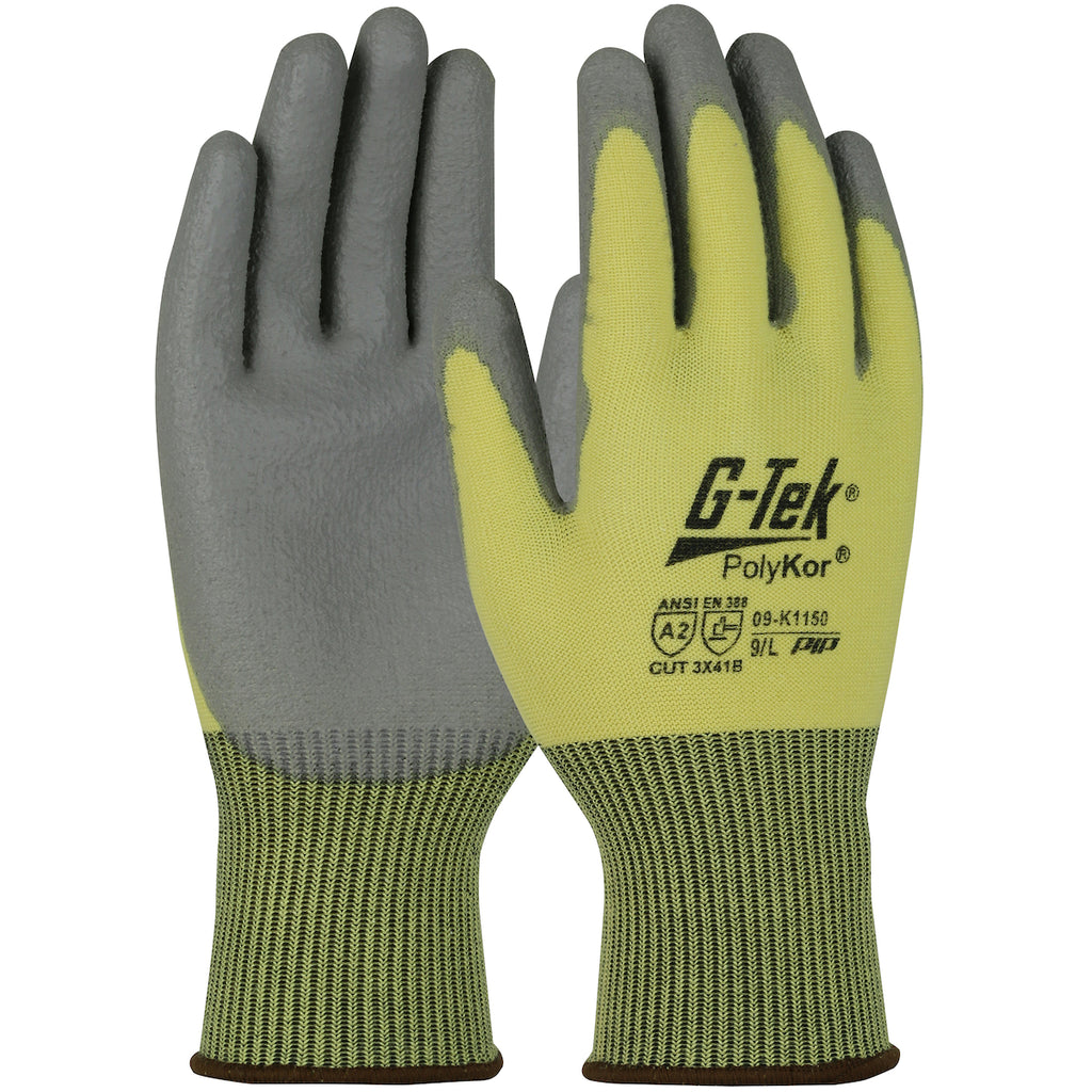 PIP 09-K1150 G-Tek Seamless Knit PolyKor Blended Glove with Polyurethane Coated Flat Grip on Palm Fingers (One Dozen)