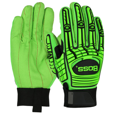 Boss 120-MP2100 TPR Impact Protection Green Corded Cotton Palm and Spandex Back (One Dozen)