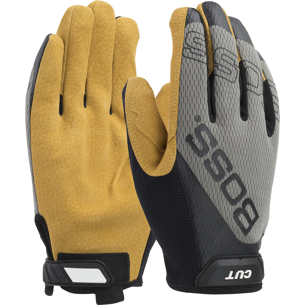 Boss 120-MC1325T Premium Pigskin Leather Palm with Mesh Fabric Back and Para-Aramid Cut Lining Glove (One Dozen)