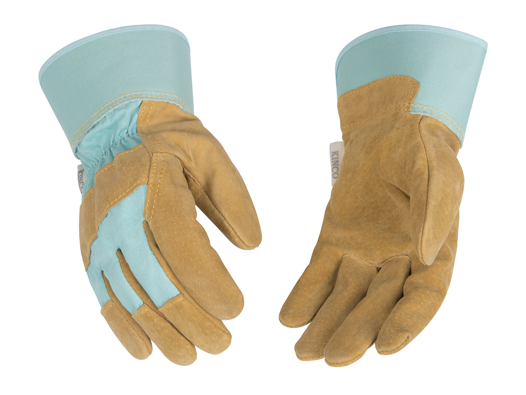 Kinco 1412W Woman's Aqua Cotton-Blend Canvas Fabric Back Suede Pigskin Leather Palm Gloves (One Dozen)